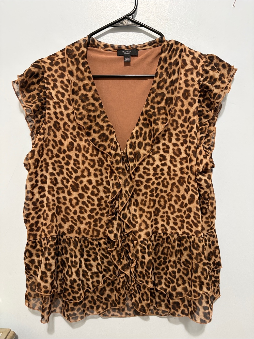 Haver London Leopard-Print Ruffle V-Neck Blouse in Brown and Biege